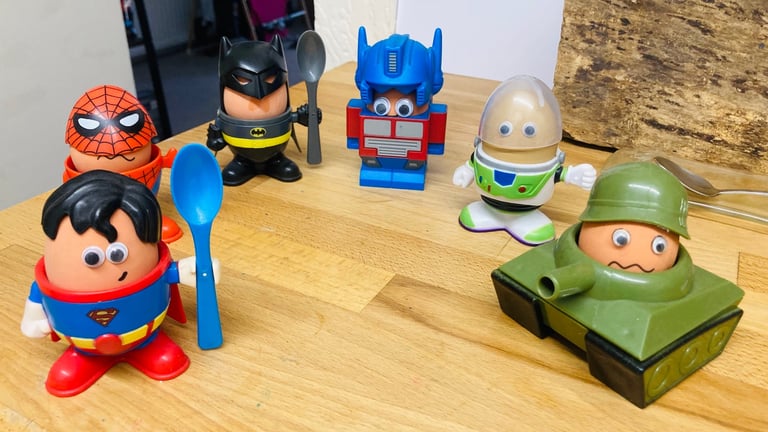 image for Novelty egg cups x6 and rubber eggs x5 