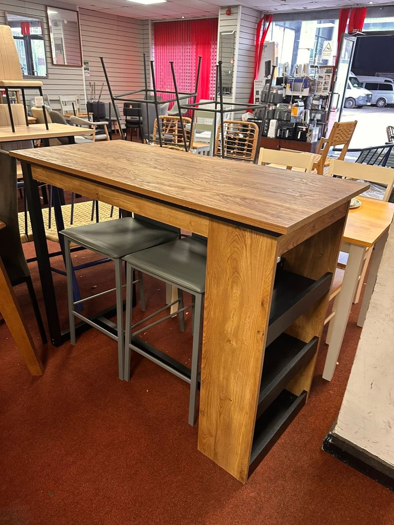 Habitat Nomad oak Bar Table + 2 grey stools