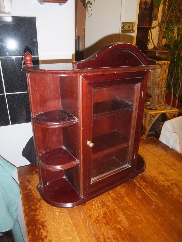 Vintage Wooden Display Cabinet Hanging or Tabletop with Glass Door 52x46cm