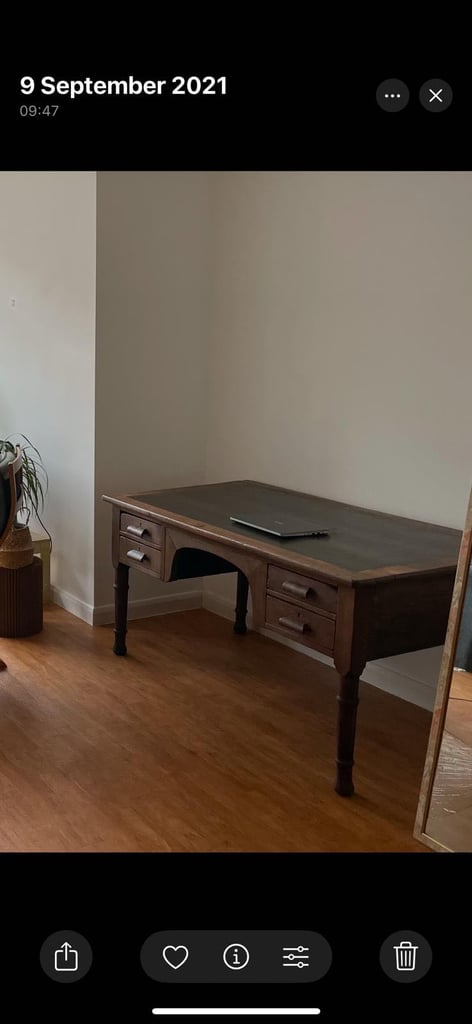 Large Antique wooden desk with green leather