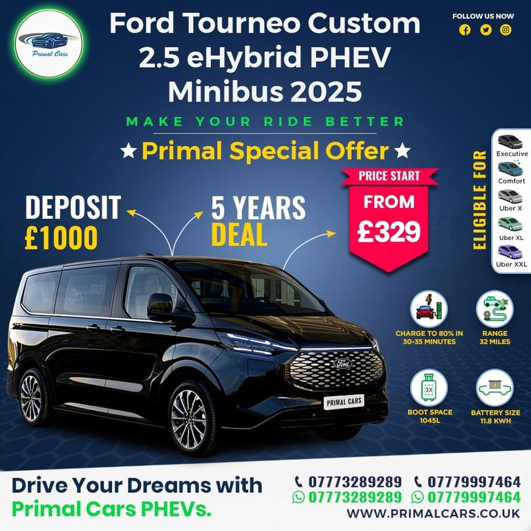 PCO CAR HIRE- 9 SEATERS PLUG HYBRID MINIBUS- 25 PLATE UBER READY