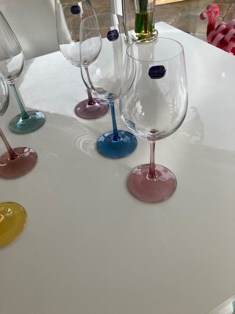 6 Bohemian Crystal Glass Coloured Stem Wine Glasses
