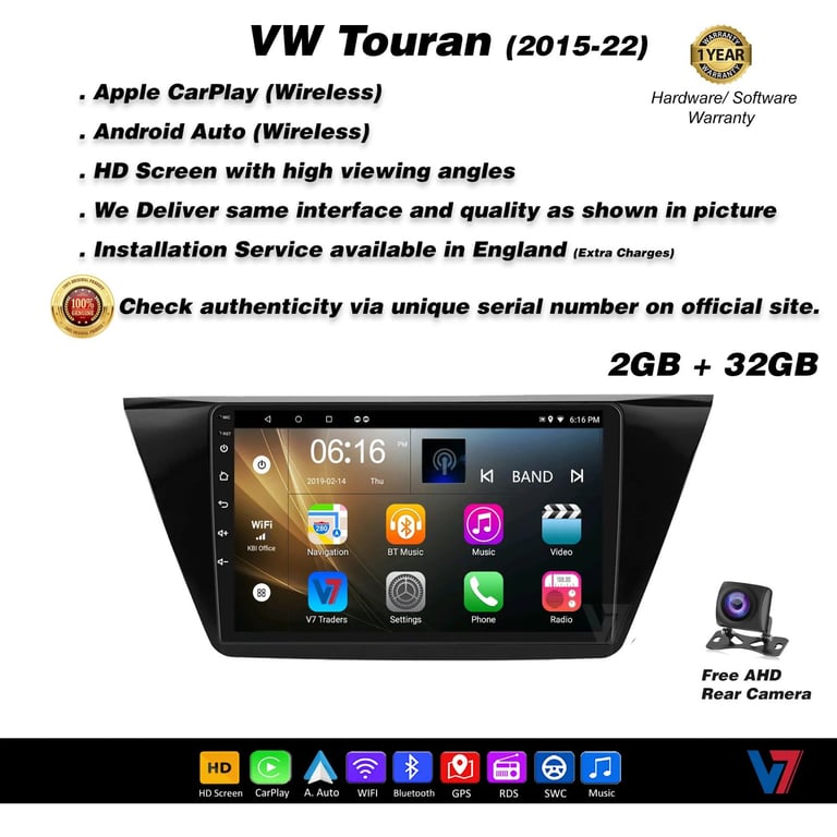 VW Touran 2015-22 CARPLAY Android Auto HD Screen Head Unit GPS Stereo LCD Panel V7