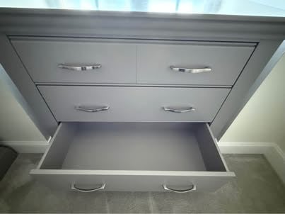 Lusso painted oak urban grey bedroom furniture, dressing table/desk, stool & chest of drawers.