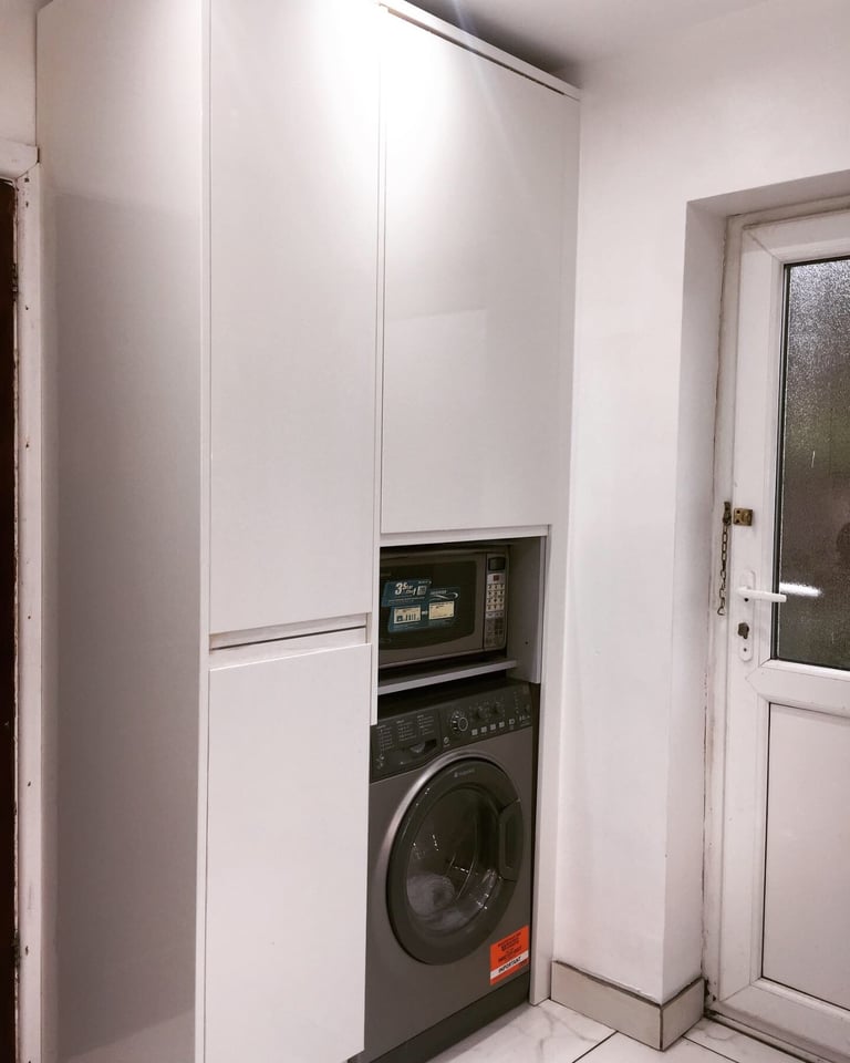 New Fitted Kitchen Cabinets-Units-Carcass J Pull White Gloss Handleless Kitchen Doors