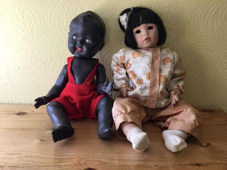 TWO VINTAGE DOLLS.  1950s BLACK RODDY DOLL + COLLECTOR’S CHINESE GIRL.
