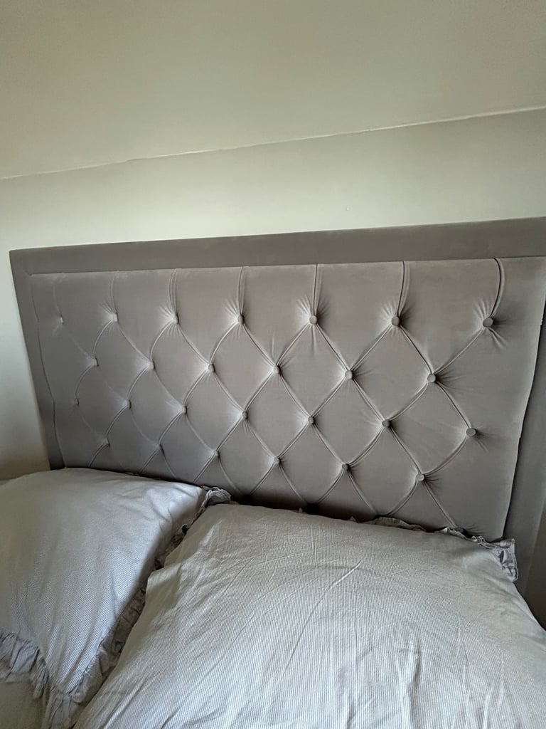 Double bed in grey faux velvet