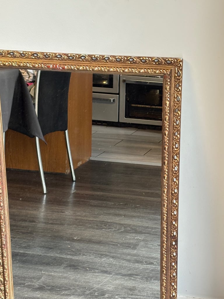 Large gold ornate vintage wooden mirror 33” x 21”