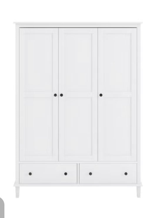 White Wooden 3 Door Triple Wardrobe With Drawers 