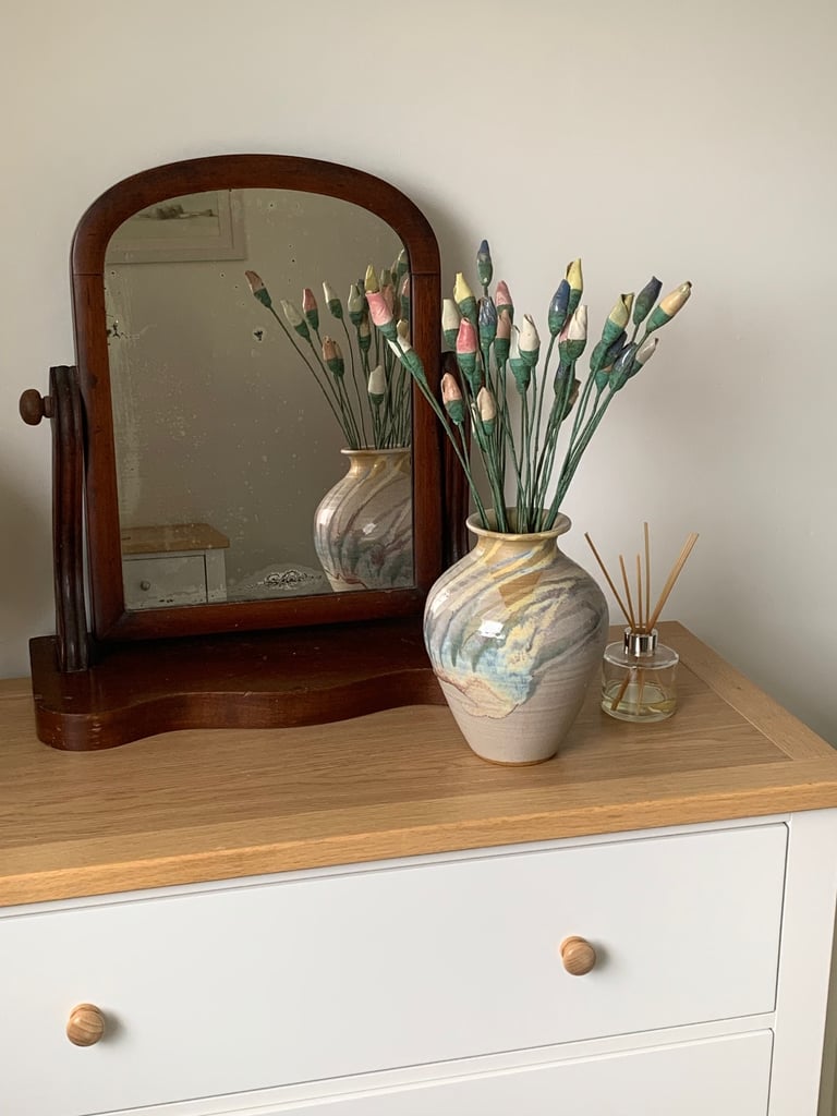 image for Vintage Dark Wood Veneer Tilting Swivel Dressing Table Mirror Up-cycle Project