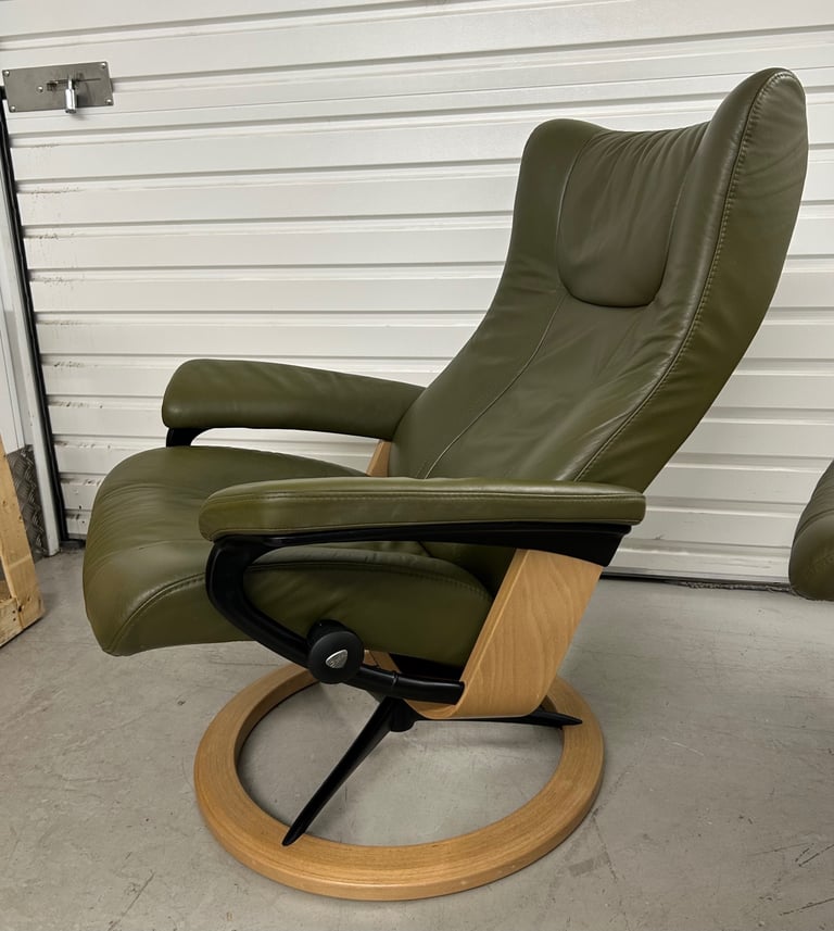 Ekornes Stressless Medium Signature Wing Dark Olive Leather Chairs & Footstool