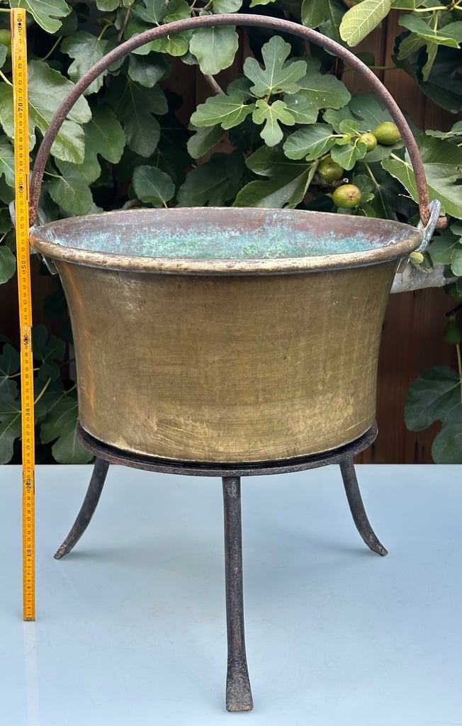LARGE ANTIQUE FRENCH COPPER CAULDRON & STAND, LOG BUCKET, PLANTER, L58cm - 1900s - WILL POST!