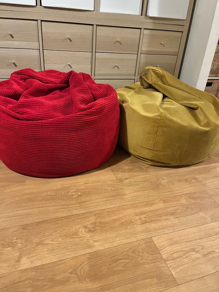 2X Dunelm Bean Bags Chairs Gaming Seats Pouffe Floor Cushions Loungers Sofa Velvet Cord Red Yellow