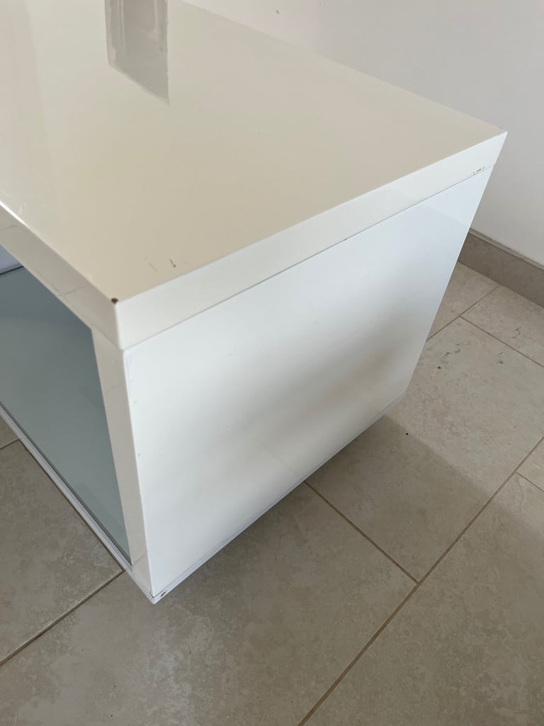 White TV Stand with Cupboard and Glass Shelf