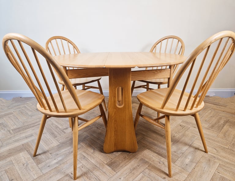 image for Ercol Windsor Mid Century Solid Blonde Elm Danish Design Drop Leaf Table & Chair Set BL686 