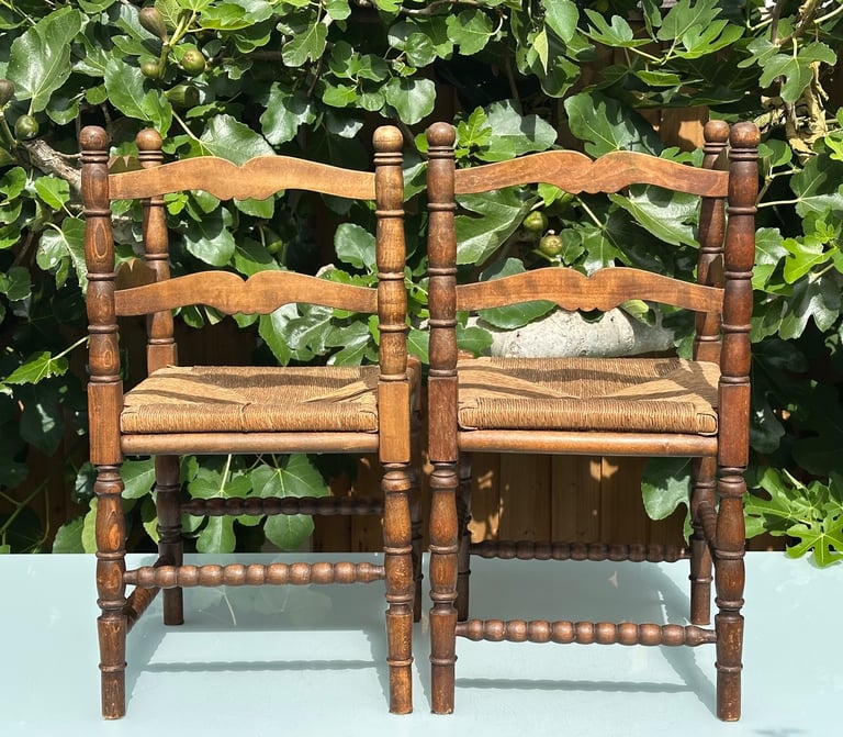 VINTAGE FRENCH BOBBIN LEG CHAIRS, CORNER CHAIRS, RUSH SEAT, H74cm - 1900s ARTS & CRAFTS - WILL POST!