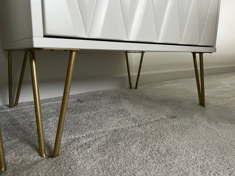 Bedside tables white wood two drawer and gold metal hairpin legs