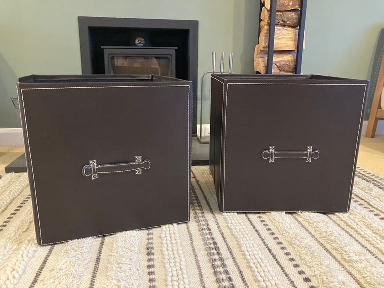 image for 2 large faux brown leather storage boxes