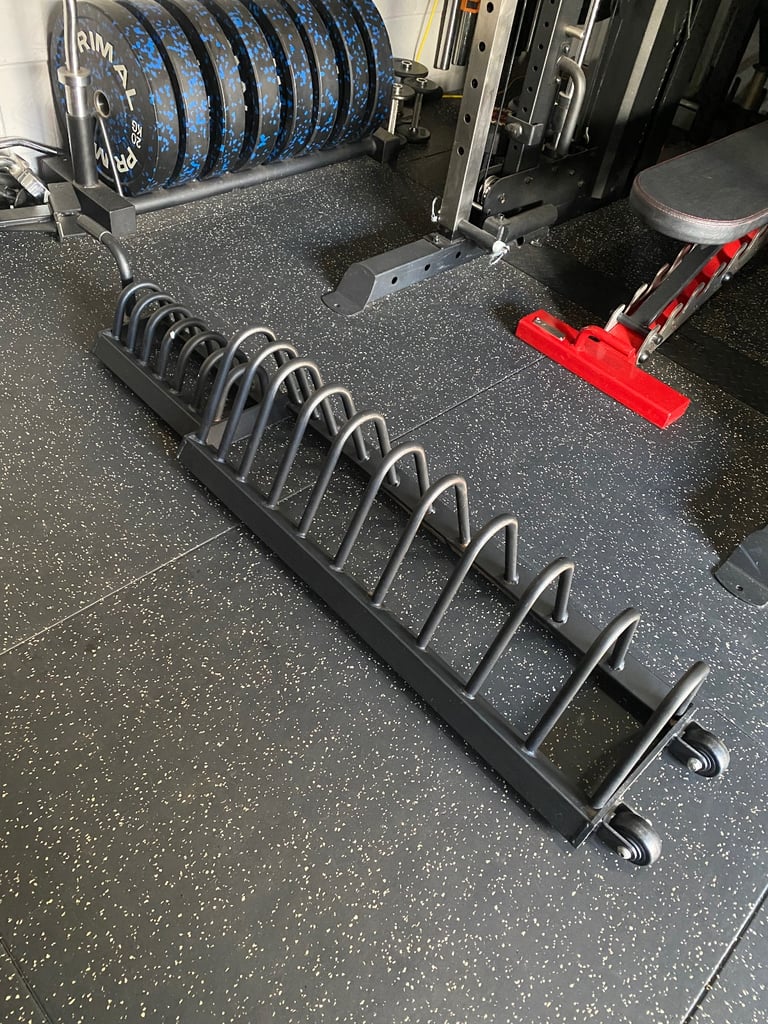 Commercial Olympic bumper plate, weight plates & fractional plate weight trolley.