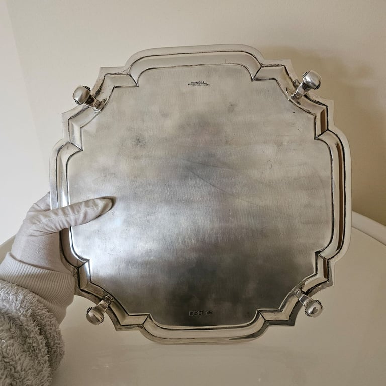 12 inch  Heavy Square Antique Sterling Silver Salver, London, 1052g 