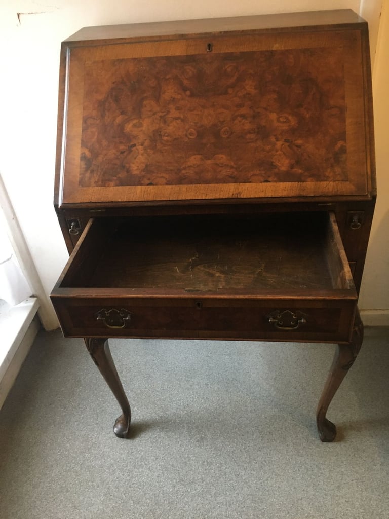 Antique Queen Anne Walnut Ladies Writing Bureau 1930's Secretaire 2 Drawers with Cabriole Supports