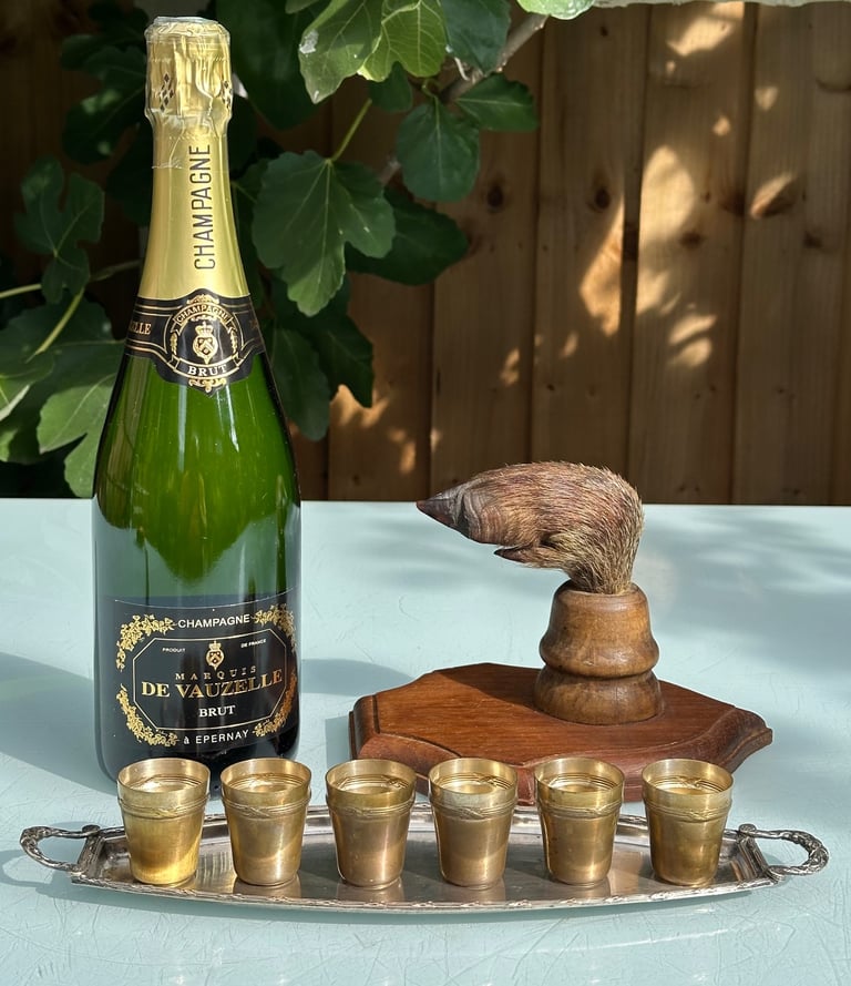 image for ANTIQUE FRENCH HUNTING SHOT CUP SET OF SIX STIRRUP CUPS & TRAY - 1900s - WILL POST!