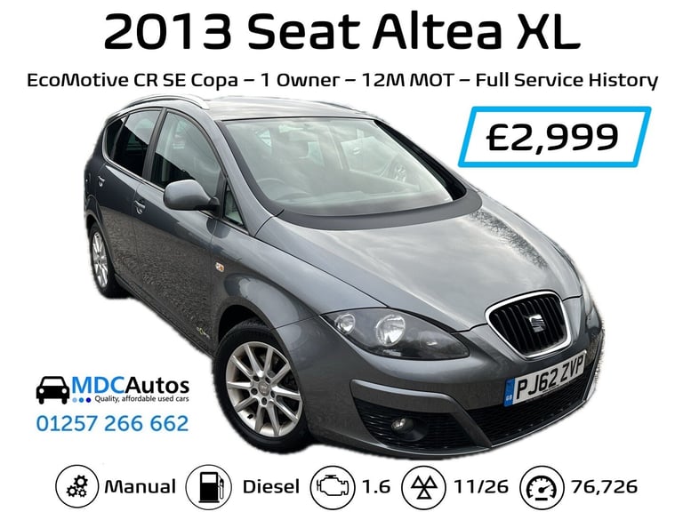 2013 SEAT Altea XL 1.6 TDI CR Ecomotive SE Copa 5dr, ONE OWNER, FULL HISTORY, NEW CLUTCH ESTATE D...