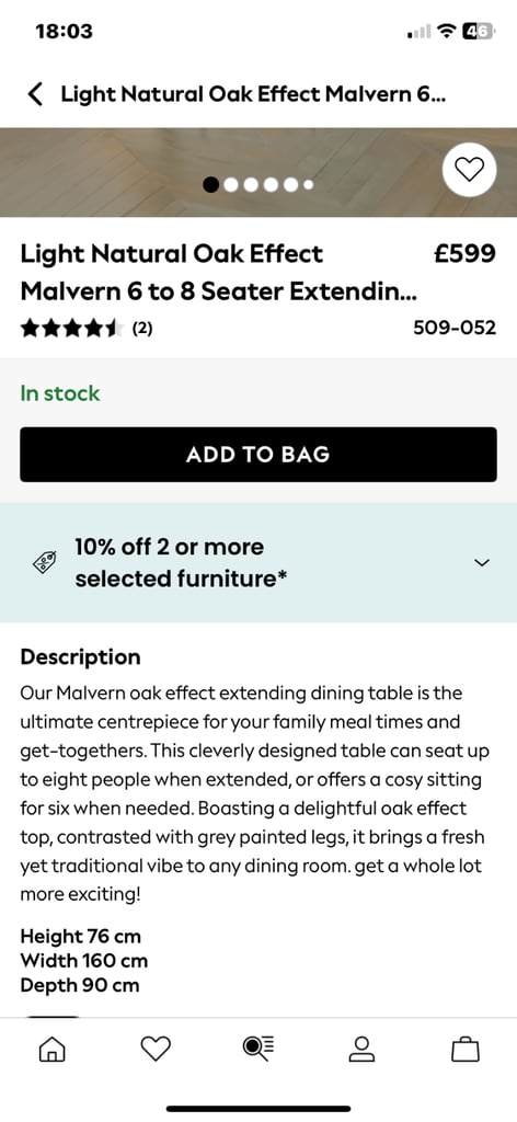 NEXT MALVERN OAK EFFECT 6/8 EXTENDING DINNING TABLE ( 2 MONTHS OLD ) 