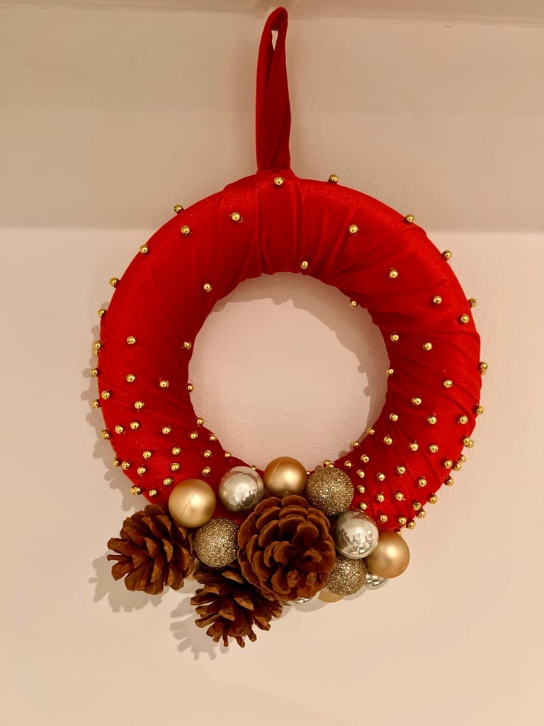 Handmade Christmas Wreath Red Gold Pine Cones 24cm – Festive Door Decoration