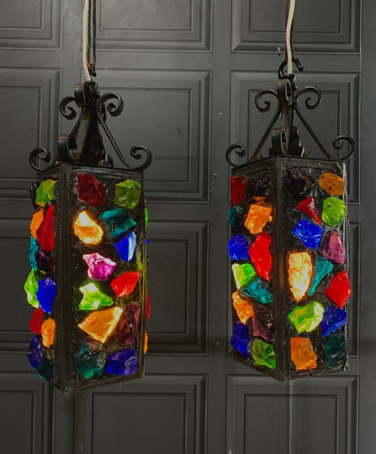 SOLD Pair of Vintage Mid Century Peter Marsh Leaded Rock Glass & Wrought Iron Lantern Lamps 50s 70s