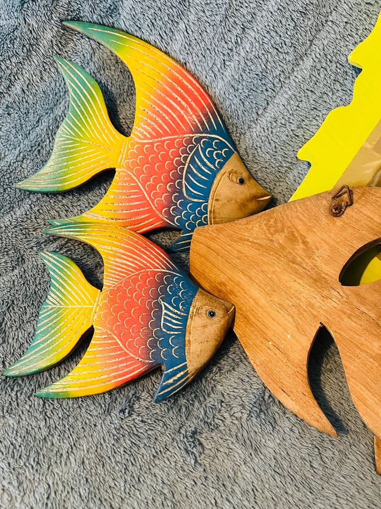 FISH MIRROR & WOODEN FISH. VERY COLOURFUL. Medium Size.  