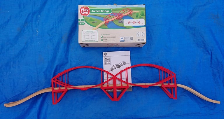* WOODEN TRAIN TRACK SET IN CASE WITH PLAYTIVE POLICE CAR AMBULANCE CRANE BRIDGE *
