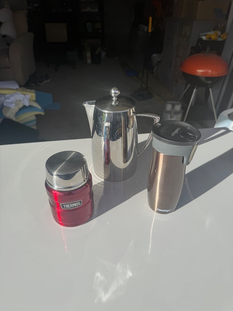 image for Mixture of coffee items-  Cafetière, travel cup and flask. 