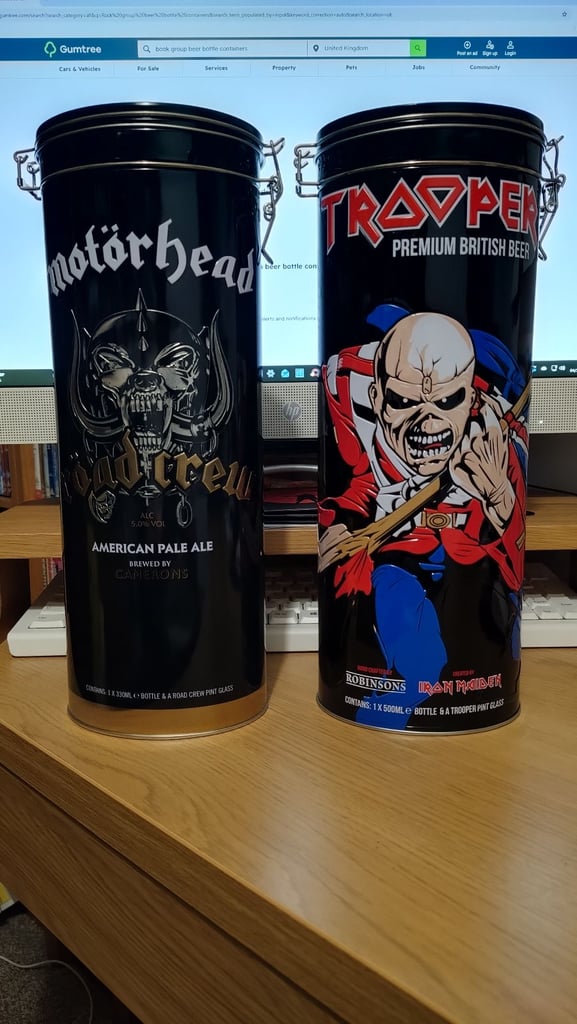 image for Motorhead 'Road crew' & Iron Maiden 'Trooper' Beer containers (Empty)