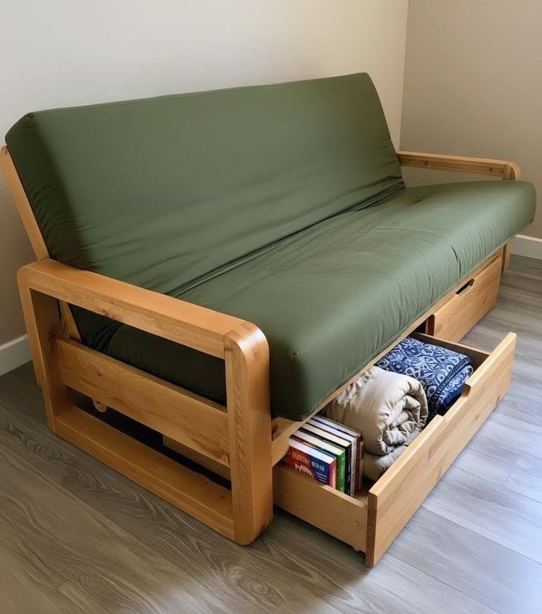 Futon company Loop Sofa Bed softened edges suits rustic traditional to modern minimalist + drawer