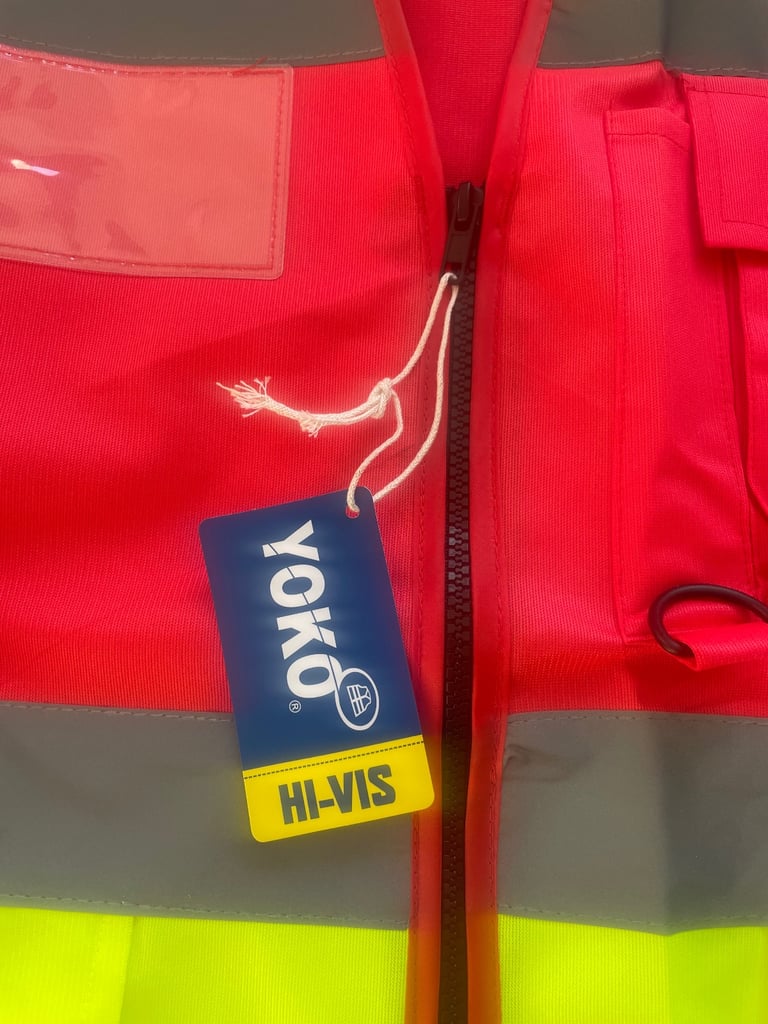YOKO Zipped 2 Tone Hi Vis Vest Pockets, Hi Viz Safety Waistcoat Red & Yellow XL
