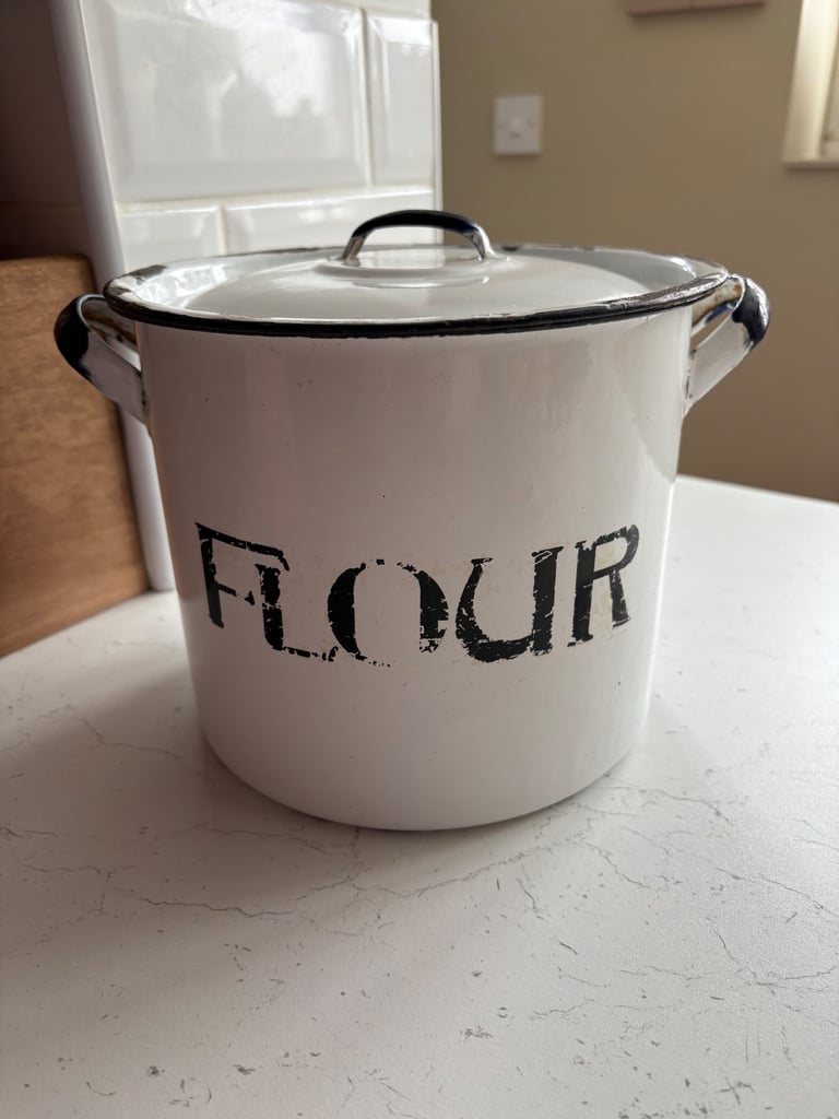 image for Vintage enamel flour canister storage bin