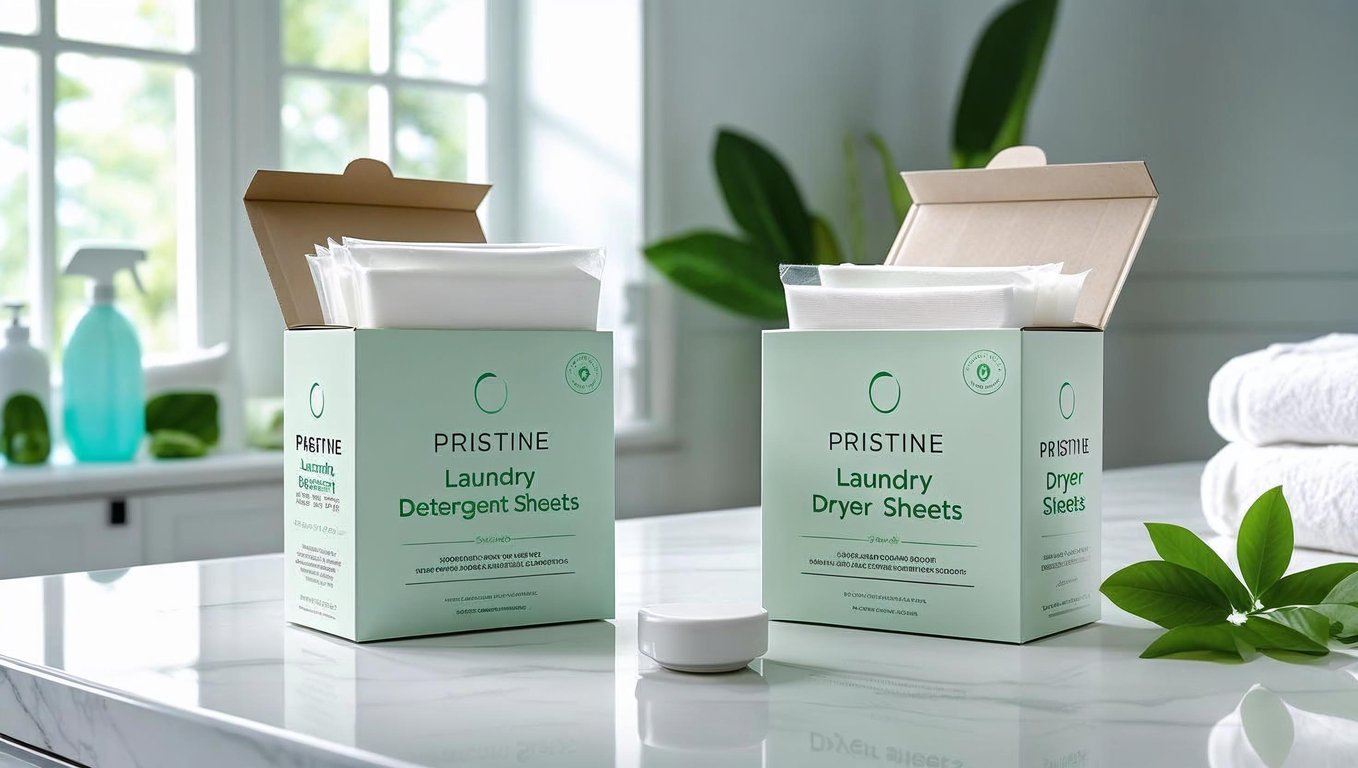 Pristine eco-friendly laundry detergent and dryer sheets in sustainable packaging