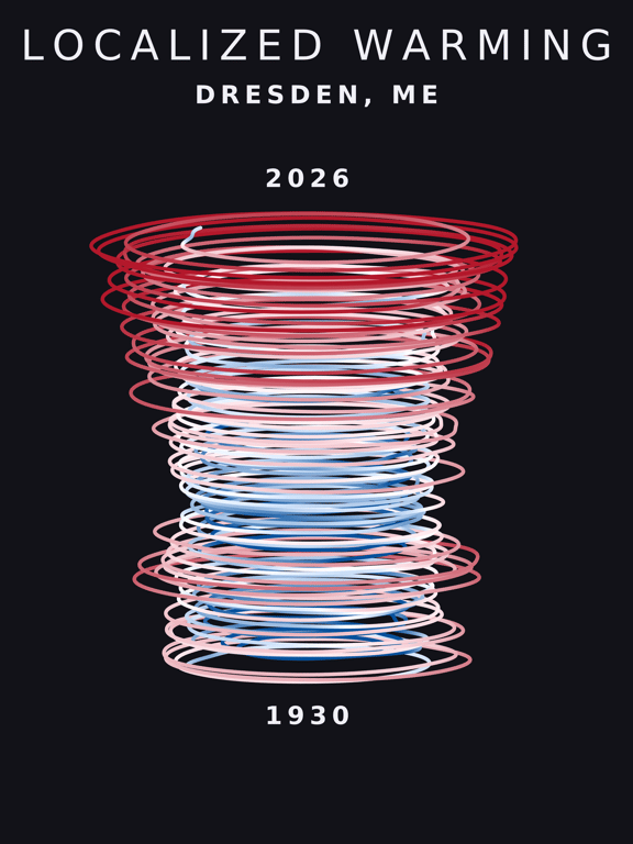 Temperature anomaly spiral for Dresden, Maine