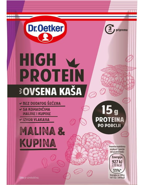 Dr. Oetker Ovsena kaša high protein malina i kupina 63g