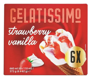 Gelatissimo Sladoled vanila jagoda kornet 6x110ml