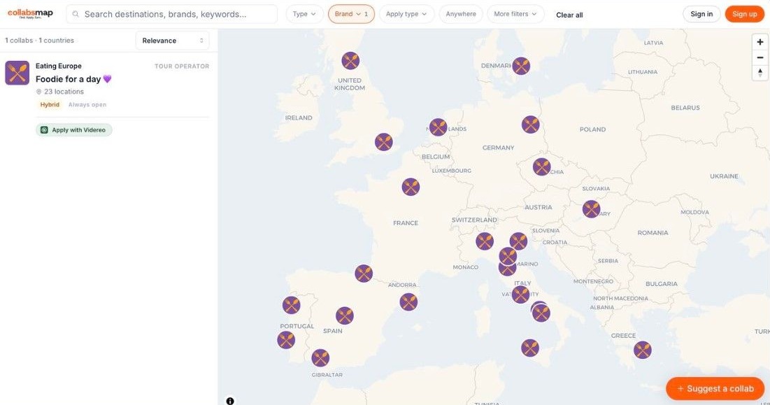 Eating Europe's "Foodie for a day" collab on CollabsMap, open at 23 locations across Europe
