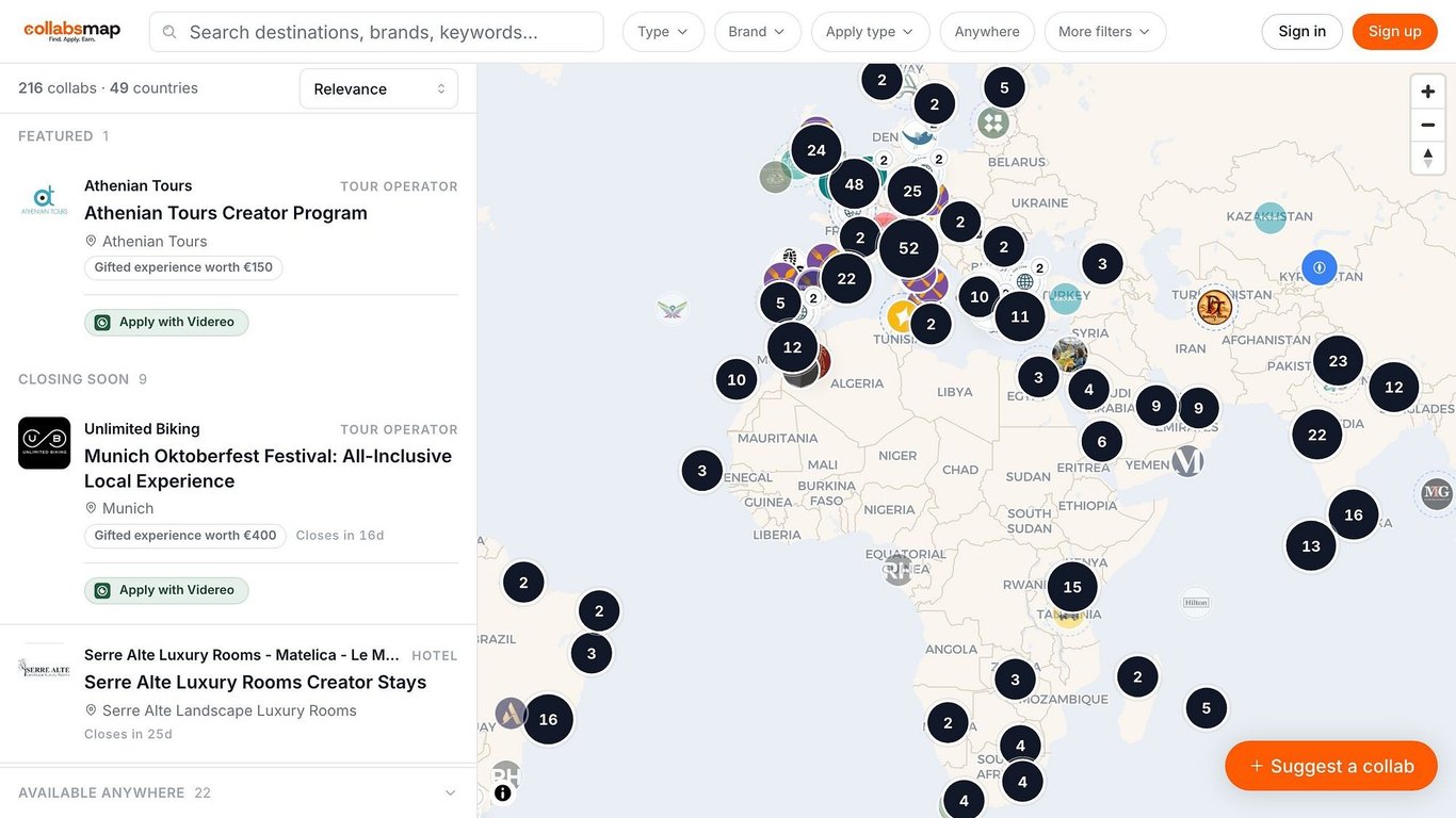 The CollabsMap map, with tour operators, hotels and destinations offering creator collabs around the world
