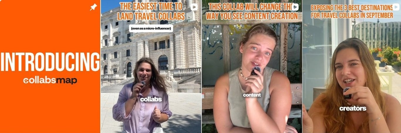 Four vertical videos from CollabsMap's own Instagram, each opening with a different hook