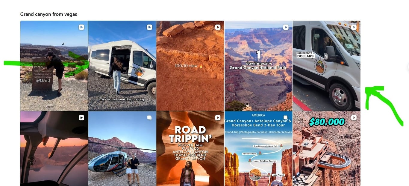 Instagram search results for "Grand canyon from vegas" — two of the top five results are MaxTour posts