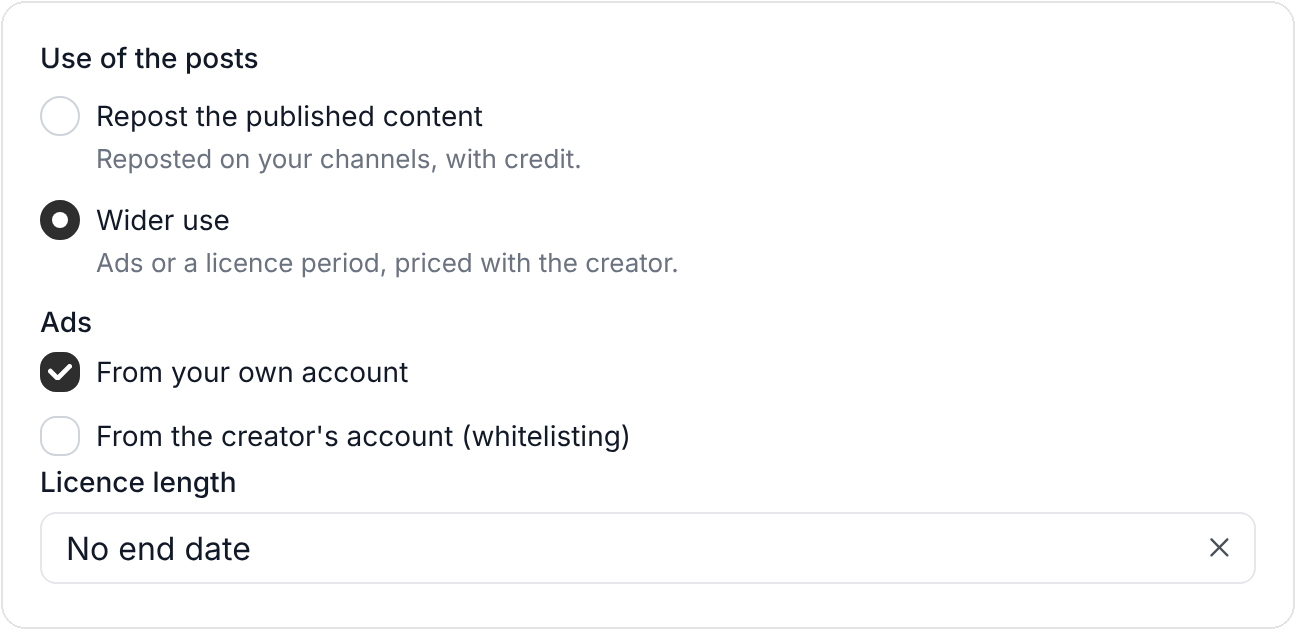 The CollabsMap collab editor, where a brand sets how it may use the content, including ads from its own account and the licence length