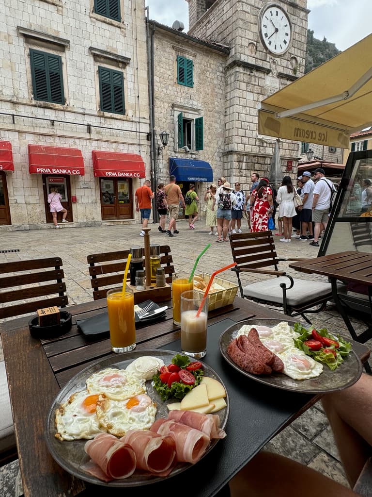 Breakfast in a cute square in Old Kotor