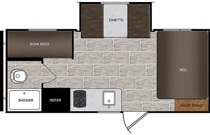 Floor Plan- dinette lies down to create more sleeping space if needed.