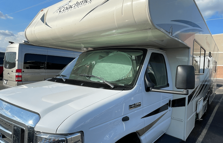 The RV is kept in a secured storage unit.