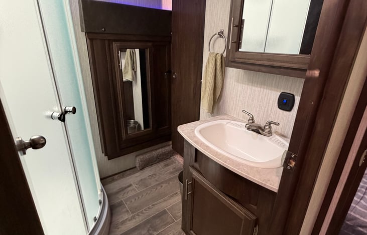Main bathroom with shower, sink, medicine cabinet, and toilet.